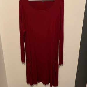 Red cotton long sleeve shift dress with pockets